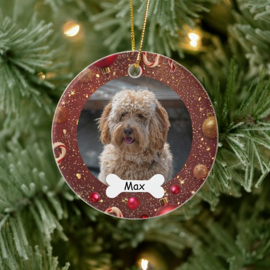 Rood Gouden Aangepaste Huisdier Puppies Hond Foto Keramisch Ornament (Boom)