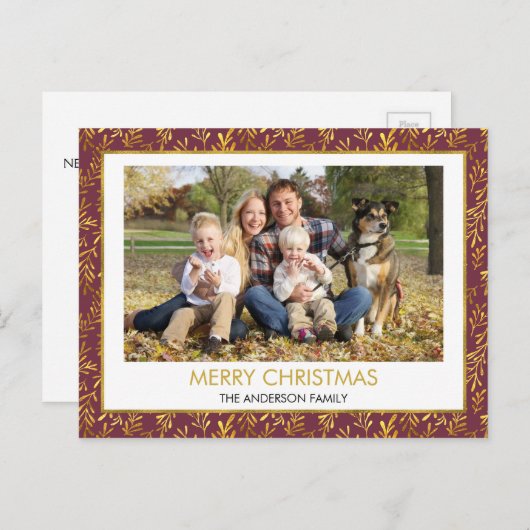 Rood - Gouden Blad Blad Vrolijk Kerstfeest Familie Feestdagenkaart (Voorkant / Achterkant)