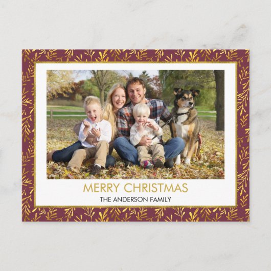 Rood - Gouden Blad Blad Vrolijk Kerstfeest Familie Feestdagenkaart (Voorkant)