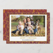 Rood - Gouden Blad Blad Vrolijk Kerstfeest Familie Feestdagenkaart (Voorkant / Achterkant)