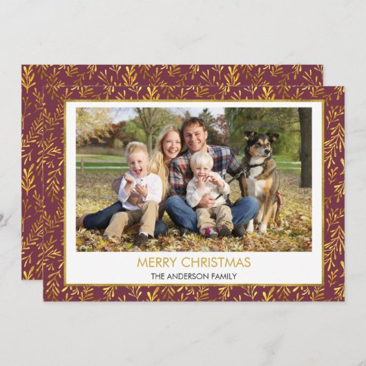 Rood - Gouden Blad Blad Vrolijk Kerstfeest Familie Feestdagenkaart (Voorkant / Achterkant)