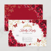 Rood Gouden Bloem Quinceanera-reactie RSVP Kaartje (Voorkant / Achterkant)
