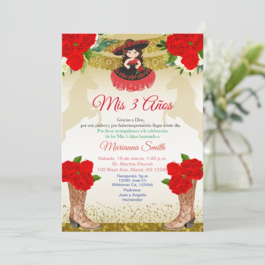 Rood gouden Charro Mis 3 Años 3de verjaardag Mexic Kaart (Staand voorkant)