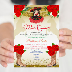 Rood gouden Charro Quinceañera Kaart