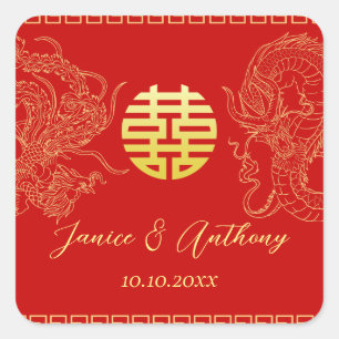 Rood gouden Chinese huwelijksdraak feniks Vierkante Sticker