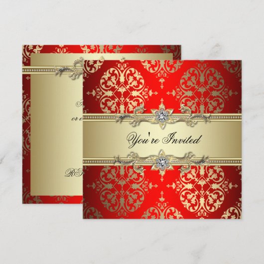 Rood Gouden Damast Feest Kaart (Voorkant / Achterkant)