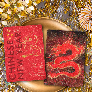 Rood Gouden Glitter Draak Maan Nieuwjaar Feest Kaart
