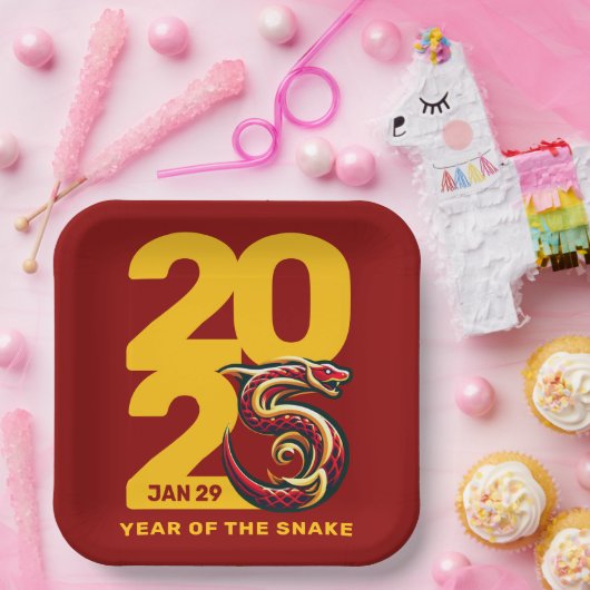 Rood Gouden Jaar van de Slang 2025 Papieren Bordje (Feest)