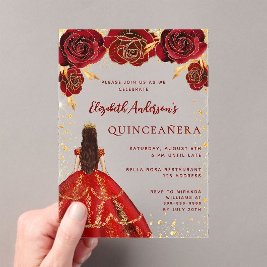 Rood gouden jurk bloemen rozen Clear Quinceanera Acryl Uitnodigingen (Insitu (Draagbaar))