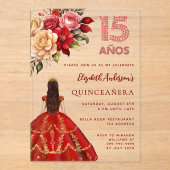 Rood gouden jurk bloemen rozen Clear Quinceanera Acryl Uitnodigingen (Voorkant)