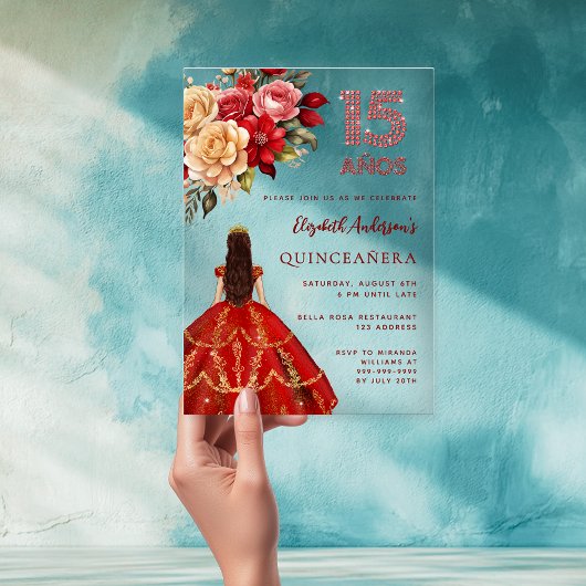 Rood gouden jurk bloemen rozen Clear Quinceanera Acryl Uitnodigingen