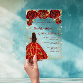 Rood gouden jurk bloemen rozen Clear Quinceanera Acryl Uitnodigingen