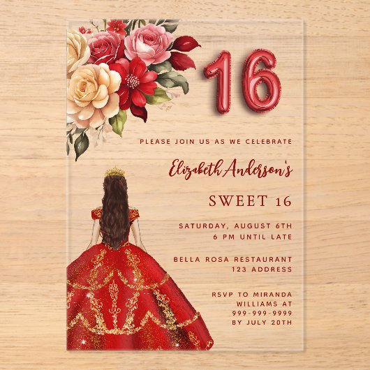 Rood gouden jurk bloemen rozen Clear Sweet 16 Acryl Uitnodigingen (Voorkant)