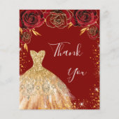 Rood gouden jurk bloemenverjaardag bedankkaart (Voorkant)