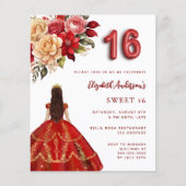 Rood gouden jurk rozen wit Sweet 16 uitnodiging (Voorkant)