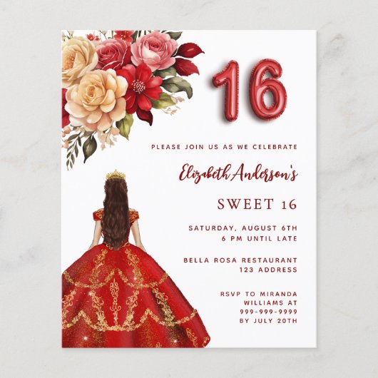 Rood gouden jurk rozen wit Sweet 16 uitnodiging (Voorkant)