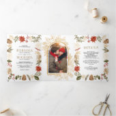 Rood Gouden Kerst Bloemen Foto Alles In Een Huweli Drieluik Uitnodiging (Binnen)