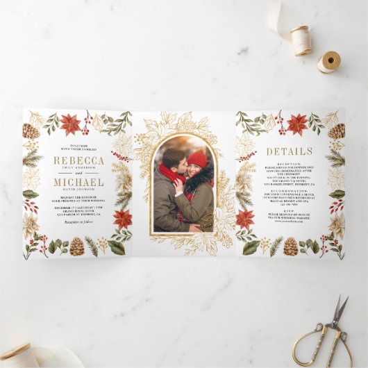 Rood Gouden Kerst Bloemen Foto Alles In Een Huweli Drieluik Uitnodiging (Binnen)