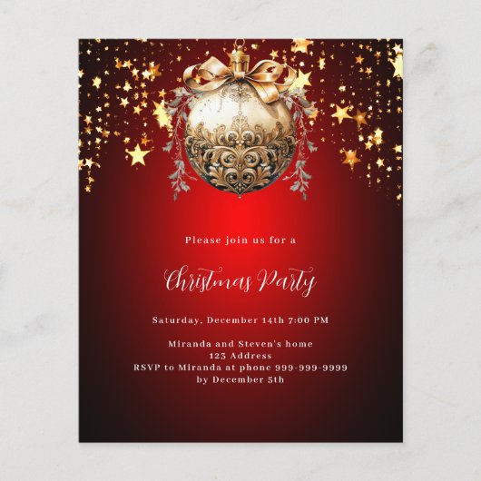 Rood gouden kerstbal sterren kerstfeest uitnodigin (Voorkant)