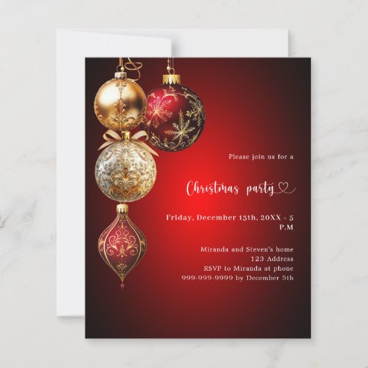 Rood gouden kerstballen kerstfeest uitnodiging (Voorkant)