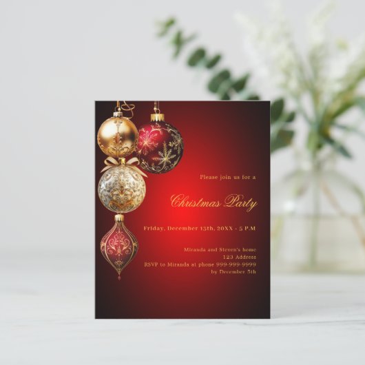 Rood gouden kerstballen kerstfeest uitnodiging (Staand voorkant)