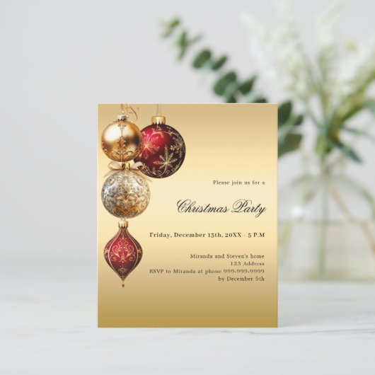 Rood gouden kerstballen kerstfeest uitnodiging (Staand voorkant)