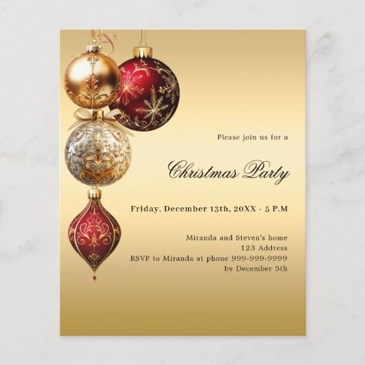 Rood gouden kerstballen kerstfeest uitnodiging (Voorkant)