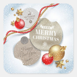 Rood, gouden kerstballen, ster op sprankelende sne vierkante sticker