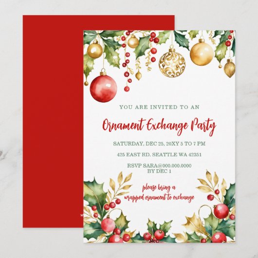 Rood Gouden Kerstversiering Uitwisseling Kerstfees Kaart (Voorkant / Achterkant)