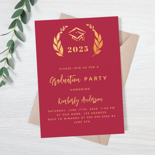 Rood gouden lauwerkrans 2025 Graduation Party Kaart