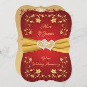 Rood, Gouden Liefdesharten 50ste Bruiloft Jubileum Kaart (Voorkant / Achterkant)