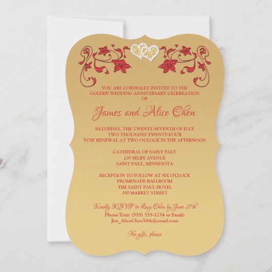 Rood, Gouden Liefdesharten 50ste Bruiloft Jubileum Kaart (Achterkant)
