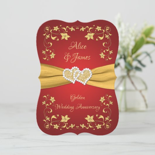 Rood, Gouden Liefdesharten 50ste Bruiloft Jubileum Kaart (Staand voorkant)