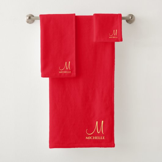 Rood & Gouden Naam Handgeschreven Monogram Sjabloo Bad Handdoek (Insitu)