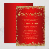 Rood Gouden Nep Glitter Quinceanera 15e Verjaardag Kaart (Voorkant / Achterkant)