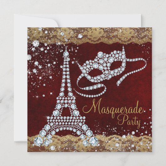 Rood Gouden Paris Masquerade Feest Kaart (Voorkant)