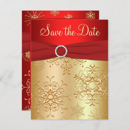 Rood, gouden sneeuwvlokken Weddenschap Save the Da Save The Date (Voorkant / Achterkant)