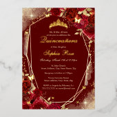Rood Gouden Vlinder Bloemen Quinceanera Folie Uitnodiging (Voorkant)