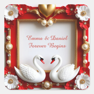 🦢 Rood Gouden Zwaan Parel Trouwthema 💍 Vierkante Sticker