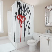Rood graffiti-hart uitstrijken met zwart gekrabbel douchegordijn (In situ)