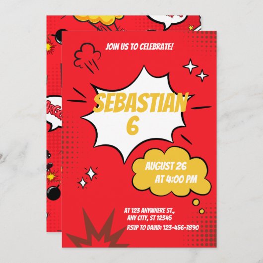 Rood Grappig Stripboek Stijl Kaart (Voorkant / Achterkant)