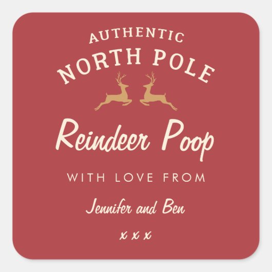 Rood grappig zelfgemaakte kerst rendieren poep sti vierkante sticker (Voorkant)