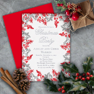 Rood   Gray Holly Berries Floral kerstfeest Folie Uitnodiging