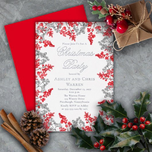 Rood | Gray Holly Berries Floral kerstfeest Folie Uitnodiging
