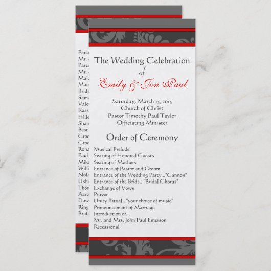 Rood Grijs 9x4 Damask Swirl Wedding Programmakaart (Voorkant / Achterkant)