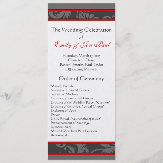 Rood Grijs 9x4 Damask Swirl Wedding Programmakaart (Voorkant)