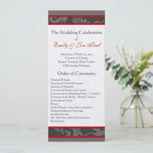 Rood Grijs 9x4 Damask Swirl Wedding Programmakaart (Staand voorkant)