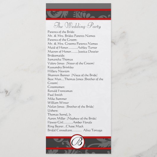 Rood Grijs 9x4 Damask Swirl Wedding Programmakaart (Achterkant)