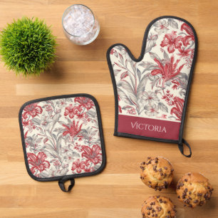 Rood & Grijs Bloementoilet Shabby Chic gepersonali Ovenwant & Pannenlap Set