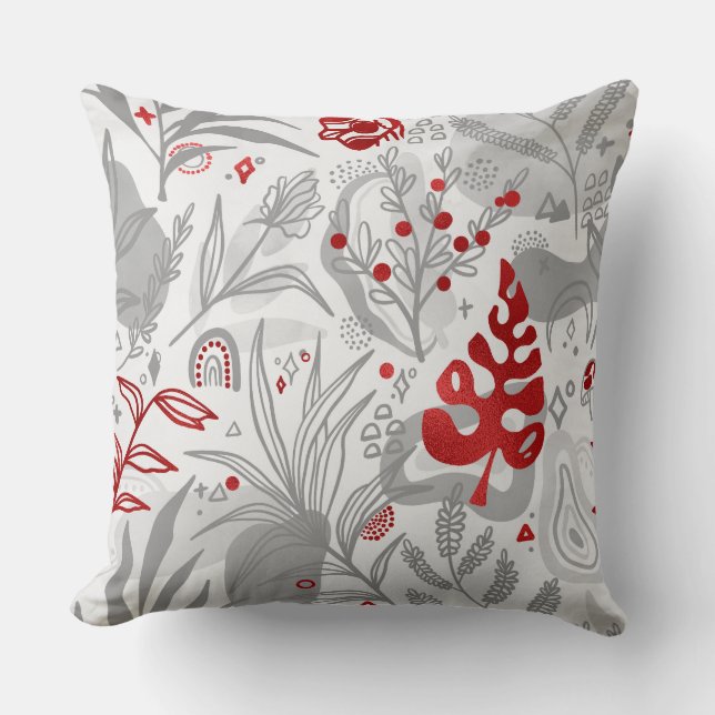 Rood & Grijs Botanisch Kussen (Voorkant)